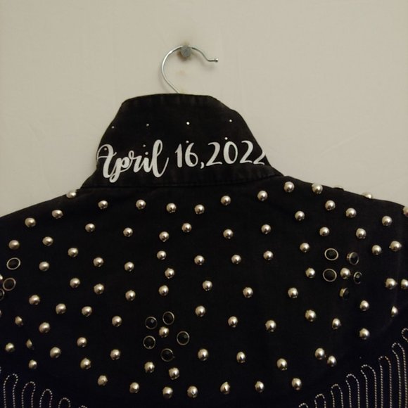 Denim Jacket Fully Studded Chain Fringe Mrs Easterling Black pockets Button down - Picture 7 of 16